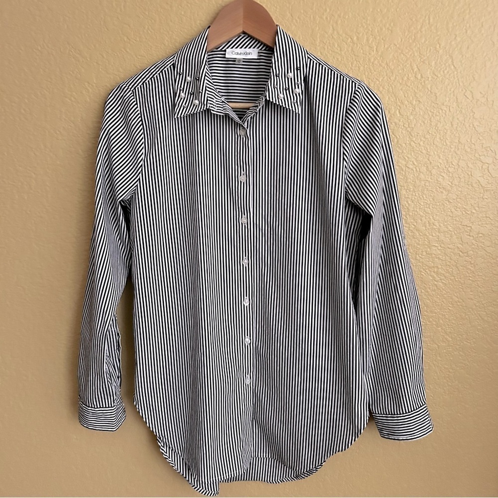 Calvin Klein Black and White Striped Long Sleeve Button Down Shirt